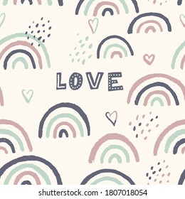 Vector seamless pattern with hand drawn rainbows in scandinavian style. Repeated boho texture for wrapping paper, childish design, textile.