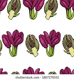 Vector seamless pattern with hand drawn purple Bok Choy and ripe artichokes. Ink drawing, beautiful vegetarian design elements. Perfect for prints and patterns