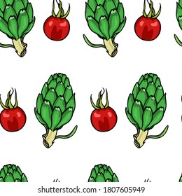 Vector seamless pattern with hand drawn ripe cherry tomatoes and green artichokes. Beautiful healthy food design elements, ink drawing. Perfect for prints and patterns