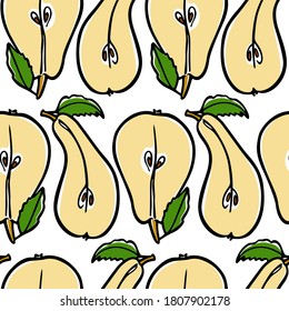 Vector seamless pattern with hand drawn juicy sliced pears. Beautiful food design elements, perfect for prints and patterns