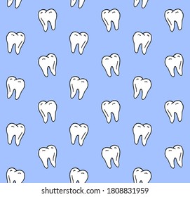 Vector seamless pattern of hand drawn doodle sketch tooth isolated on blue background