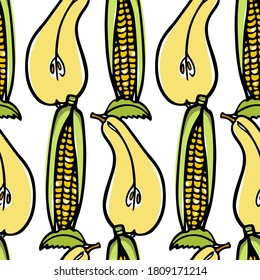 Vector seamless pattern with hand drawn juicy pears and corn cobs. Beautiful healthy food design elements, ripe vegetables illustration. Perfect for prints and patterns