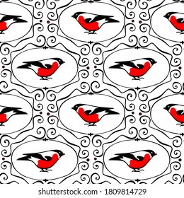 Vector seamless pattern with hand drawn cute bullfinch in elegant vintage frame made with ink. Beautiful animal and Christmas design elements. Perfect for prints and patterns