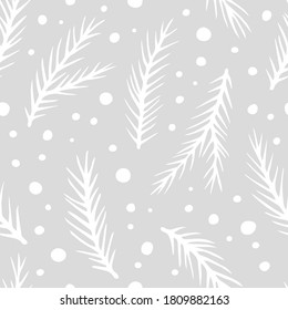 Vector seamless pattern with hand drawn spruce branches and snow. Cute design for Christmas wrappings, textile and backgrounds