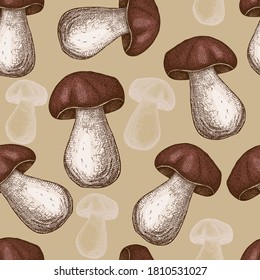 Vector seamless pattern with hand drawn forest mushrooms porcini. Autumn endless illustration in sketch style.