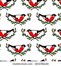 Vector seamless pattern with hand drawn cute bullfinches in floral wreath made with ink. Beautiful animal and Christmas design elements. Perfect for prints and patterns