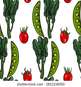Vector seamless pattern with hand drawn Chinese broccoli, Sugar pea pods and ripe cherry tomatoes. Ink drawing, beautiful vegetarian design elements. Perfect for prints and patterns