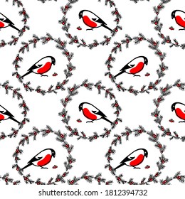 Vector seamless pattern with hand drawn cute bullfinch in floral spruce frame with red berries made with ink. Beautiful animal and Christmas design elements. Perfect for prints and patterns