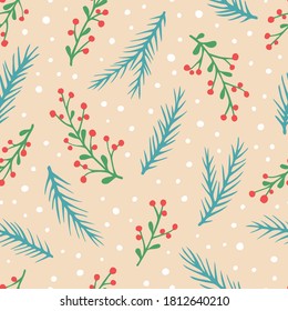 Vector seamless pattern with hand drawn branches with berries, spruce branches and snow. Cute design for Christmas wrappings, textile and backgrounds