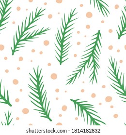 Vector seamless pattern with hand drawn spruce branches and snow. Cute design for Christmas wrappings, textile and backgrounds
