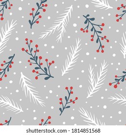 Vector seamless pattern with hand drawn branches with berries, spruce branches and snow. Cute design for Christmas wrappings, textile and backgrounds