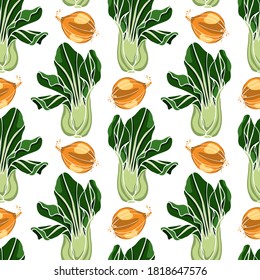 Vector seamless pattern with hand drawn Bok Choy and golden onion bulbs. Ink drawing, beautiful vegetarian design elements. Perfect for prints and patterns