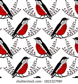 Vector seamless pattern with hand drawn cute red-breasted birds in floral laurel made with ink. Beautiful animal and Christmas design elements. Perfect for prints and patterns