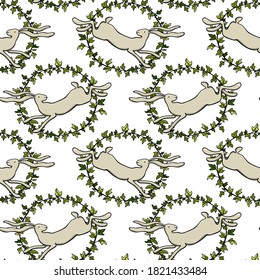 Vector seamless pattern with hand drawn cute hares in floral wreath of ivy leaves. Sweet design elements, beautiful animal illustration, ink drawing. Perfect for prints and patterns