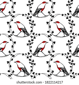 Vector seamless pattern with hand drawn cute red-breasted birds in black floral wreath made with ink. Beautiful animal and Christmas design elements. Perfect for prints and patterns