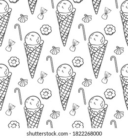 Vector seamless pattern of hand drawn isolated ice-cream cones on white background.