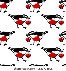 Vector seamless pattern with hand drawn cute red-breasted birds in rowan berries laurel made with ink. Beautiful animal and Christmas design elements. Perfect for prints and patterns