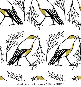 Vector seamless pattern with hand drawn cute golden-breast birds with black tree twigs made with ink. Beautiful animal and Christmas design elements. Perfect for prints and patterns