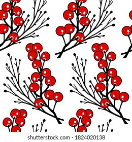 Vector seamless pattern with hand drawn red berries and tree twigs. Beautiful winter floral design elements, ink drawing. Perfect for prints and patterns