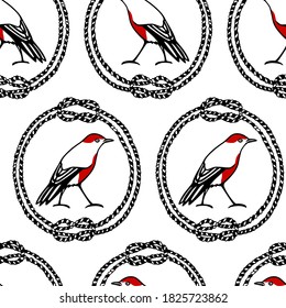 Vector seamless pattern with hand drawn cute red-breast birds in nautical rope knot frames made with ink. Beautiful animal and Christmas design elements. Perfect for prints and patterns