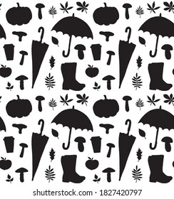 Vector seamless pattern of hand drawn autumn elements silhouette isolated on white background