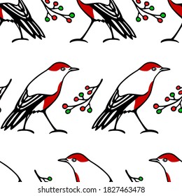 Vector seamless pattern with hand drawn cute red-breast birds with berry twigs made with ink. Beautiful animal and Christmas design elements. Perfect for prints and patterns