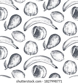 Vector seamless pattern with hand drawn fresh fruits in sketch style. Detailed vegetarian food drawing. Tasty endless background