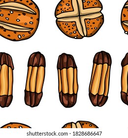 Vector seamless pattern with hand drawn traditional Austrian Christmas cookies - Viennese Fingers and German sesame rolls. Beautiful food design elements, perfect for prints and patterns