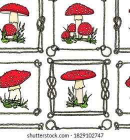 Vector seamless pattern with hand drawn Fly Agaric mushrooms in nautical rope frames. Beautiful wild forest design elements, perfect for prints and patterns.