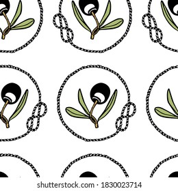 Vector seamless pattern with hand drawn olives in vintage rope frames. Beautiful food design elements, ink drawing, perfect for prints and patterns