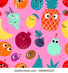 Vector seamless pattern of hand drawn character fruits in print flat style on pink background, cute persons with different emotion. Eat local organic products.
