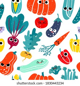 Vector seamless pattern of hand drawn stylized character vegetables in print flat style, cute persons with different emotion. Eat local organic products.