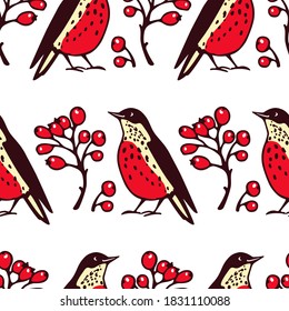 Vector seamless pattern with hand drawn cute red-breasted birds with barberry twigs made with ink. Beautiful animal and Christmas design elements. Perfect for prints and patterns