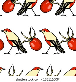 Vector seamless pattern with hand drawn cute red-breasted birds with dog rose berries made with ink. Beautiful animal and Christmas design elements. Perfect for prints and patterns
