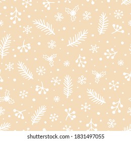 Vector seamless pattern with hand drawn spruce branches, Holly, berries and snowflakes. Cute design for Christmas wrappings, textile and backgrounds