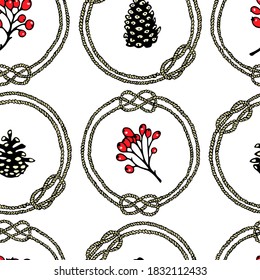 Vector seamless pattern with hand drawn barberry twigs and pine cones  in vintage rope frames made with ink. Beautiful nature design elements. Perfect for prints and patterns