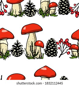 Vector seamless pattern with hand drawn wild mushrooms, pine cones and barberry twigs. Ink drawing, beautiful forest design elements. Perfect for prints and patterns