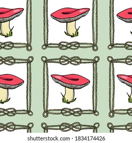 Vector seamless pattern with hand drawn wild mushrooms in nautical rope frames. Ink drawing, beautiful food design elements. Perfect for prints and patterns