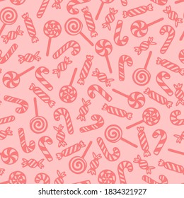 Vector seamless pattern with hand drawn lollipops, candy canes and candies. Cute design for Christmas wrappings, textile and backgrounds