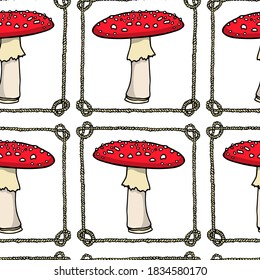 Vector seamless pattern with hand drawn Fly Agaric mushrooms in nautical rope frames. Beautiful wild forest design elements, perfect for prints and patterns.