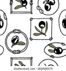 Vector seamless pattern with hand drawn olives in vintage rope frames. Beautiful food design elements, ink drawing, perfect for prints and patterns