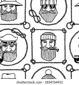 Vector seamless pattern with hand drawn fisherman characters in nautical rope frames. Heavy contour, graphic style. Beautiful people design elements, perfect for prints and patterns