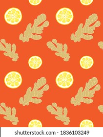Vector seamless pattern of hand drawn doodle sketch ginger and lemon isolated on orange background