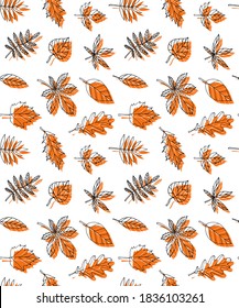 Vector seamless pattern of hand drawn doodle sketch autumn orange leaves isolated on white background