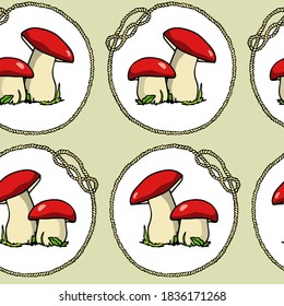 Vector seamless pattern with hand drawn wild mushrooms in nautical rope frames. Ink drawing, beautiful food design elements. Perfect for prints and patterns