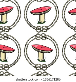 Vector seamless pattern with hand drawn wild mushrooms in nautical rope frames. Ink drawing, beautiful food design elements. Perfect for prints and patterns