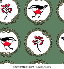Vector seamless pattern with hand drawn cute red-breasted birds and barberry twigs in vintage rope frames made with ink. Beautiful animal and Christmas design elements. Perfect for prints and patterns