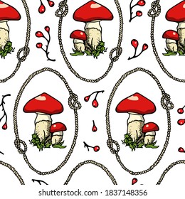 Vector seamless pattern with hand drawn wild mushrooms in vintage rope frames and barberry twigs. Ink drawing, beautiful food design elements. Perfect for prints and patterns