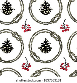 Vector seamless pattern with hand drawn barberry twigs and pine cones  in vintage rope frames made with ink. Beautiful nature design elements. Perfect for prints and patterns