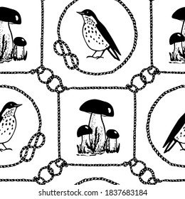 Vector seamless pattern with hand drawn cute birds and wild mushrooms in vintage rope frames made with ink. Beautiful animal and wild nature design elements. Perfect for prints and patterns